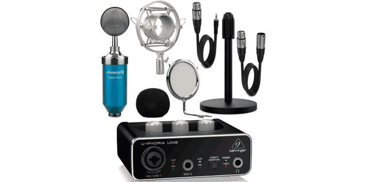 Interface audio behringer um2 u-phoria + micrófono estudio blue pack dublín con accesorios