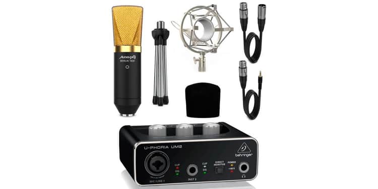 Behringer um2 interface u-phoria + audibax berlín 1800 micrófono estudio + accesorios