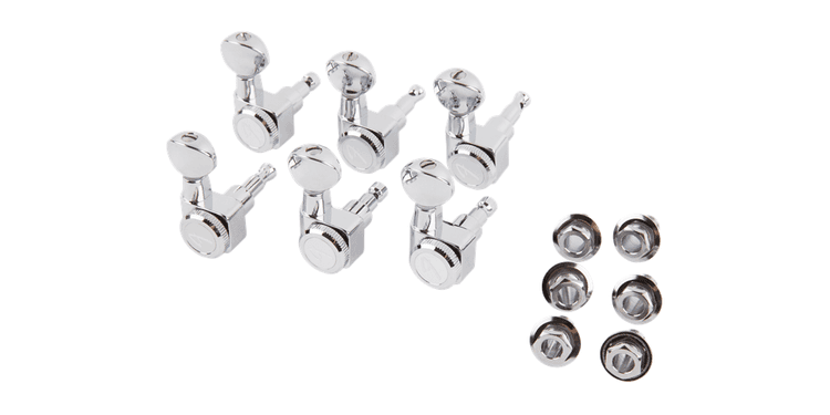 Fender locking tuners with vintage-style buttons, polished chrome